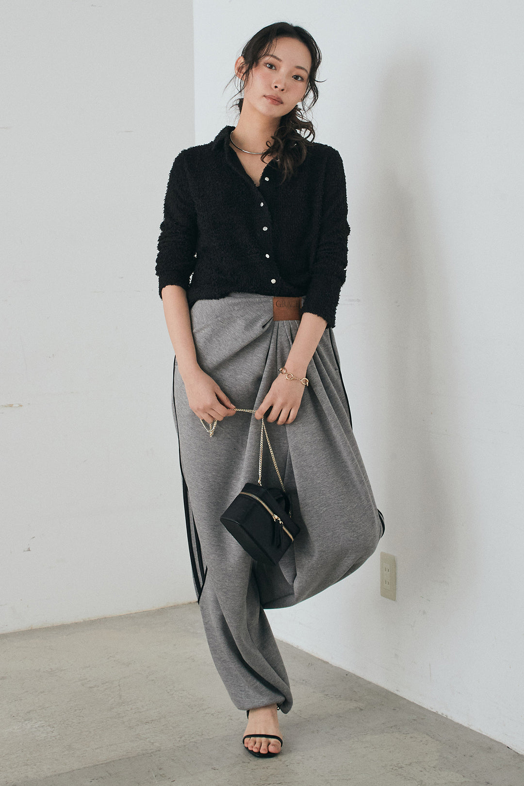 [SET]カールヤーンシャツ+ライトダンボールウェーブラインドレープパンツ(2set)