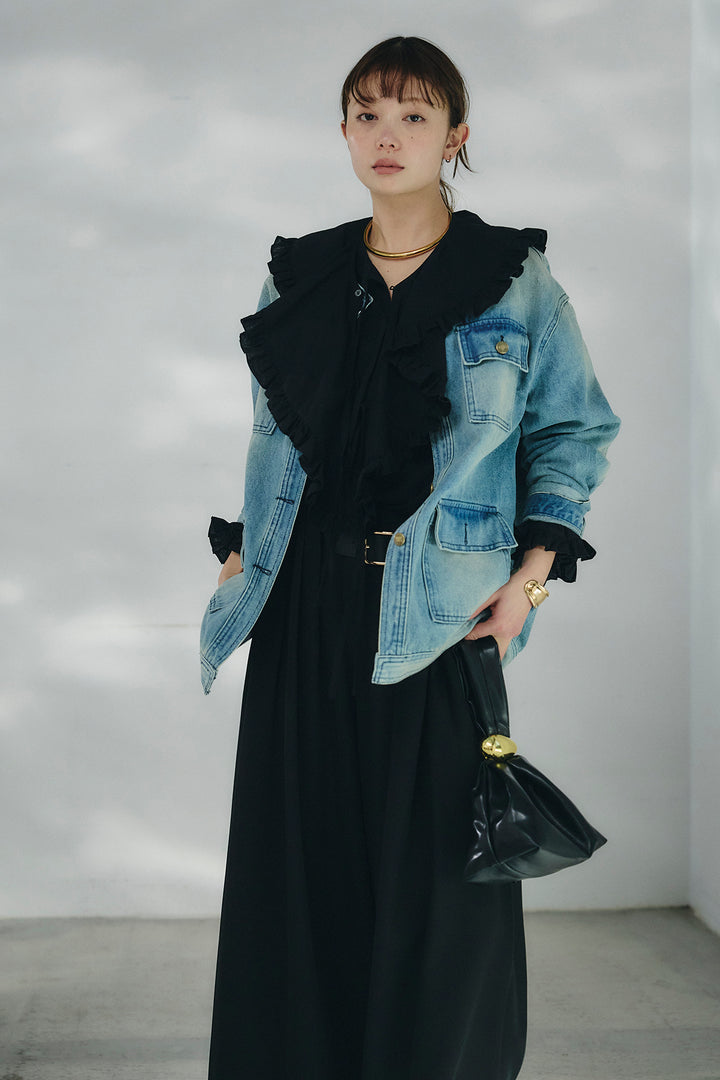 [SET]ノーカラーデニムポケットジャケット+コットンフリルブラウス+ベルト付きタックデザインハイウエストロングパンツ(3set)