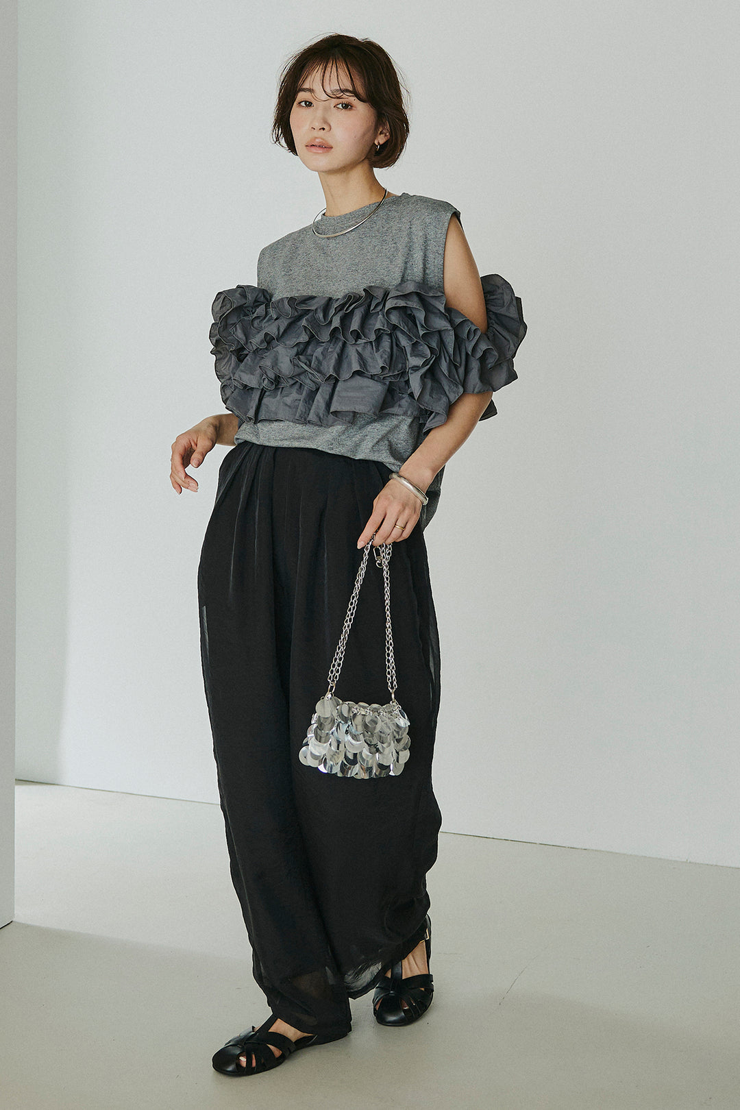 [SET]天竺ナイロンドッキングビスチェ風トップス+オーガンジータックパンツ(2set)