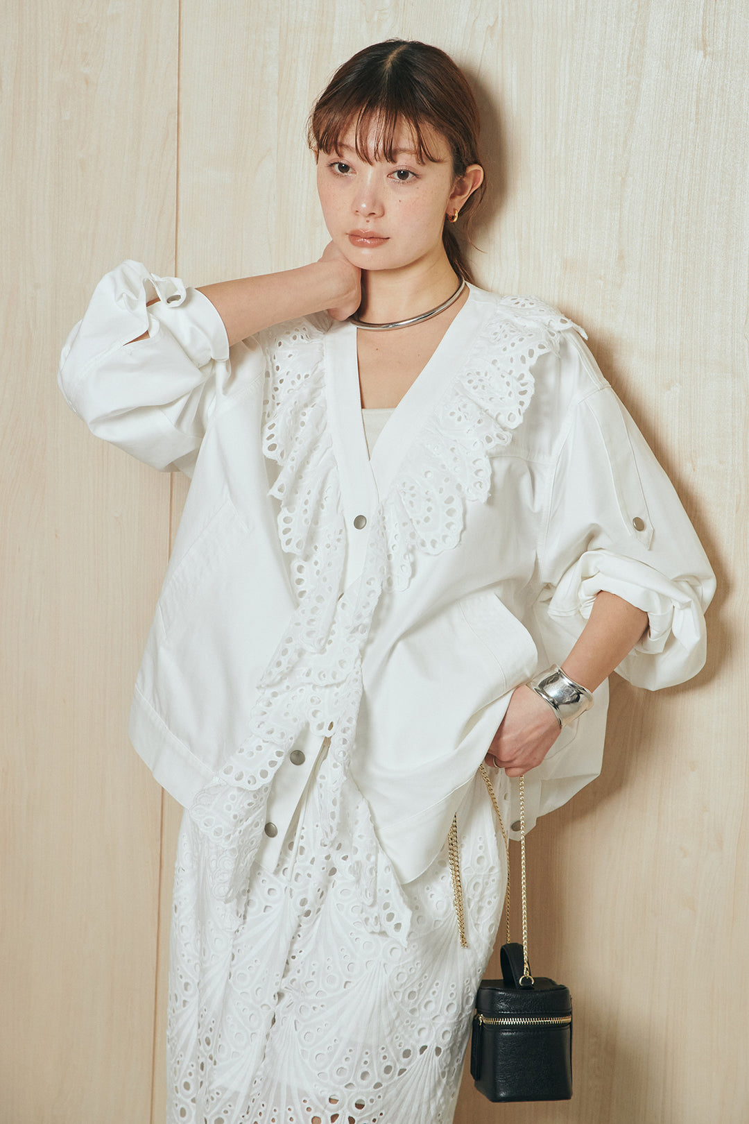 [SET]レースフリルドッキングアウター+レース刺繍リラックスパンツ(2set)