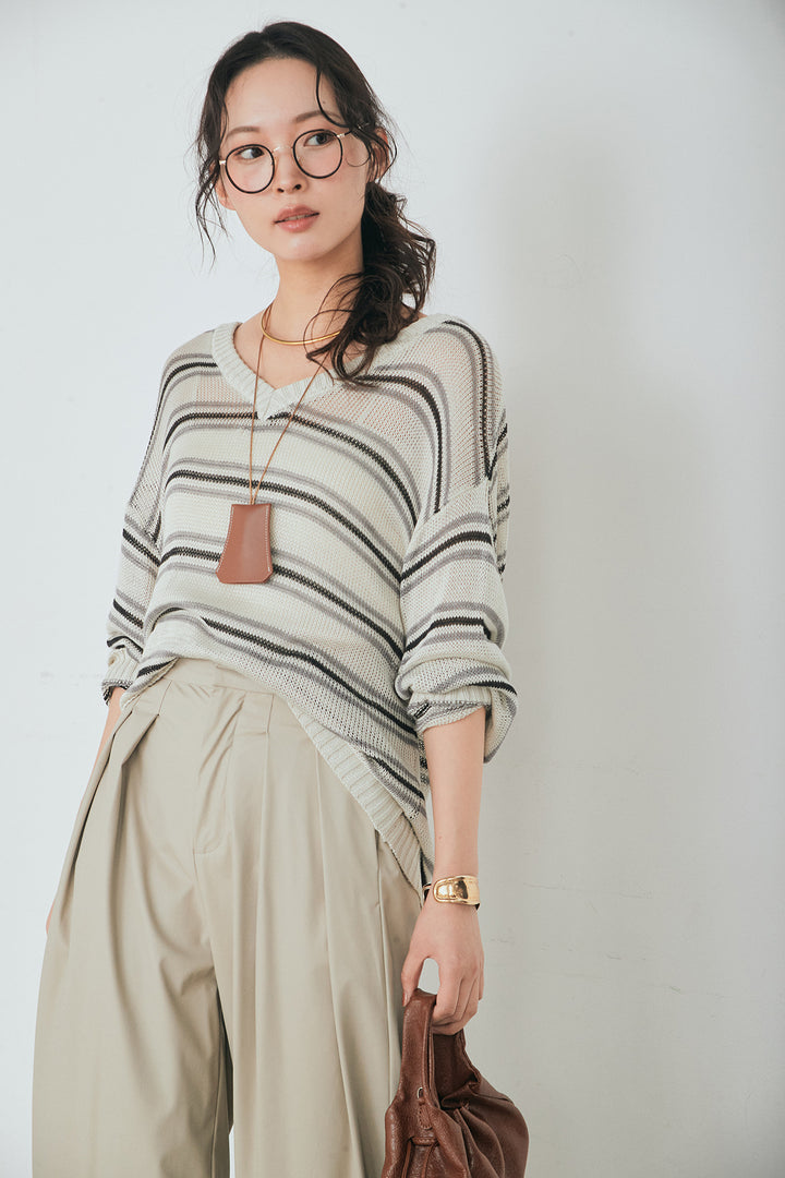 [SET]綿タッチVネックボーダートップス+ウォッシャブルエコレザータックパンツ(2set)