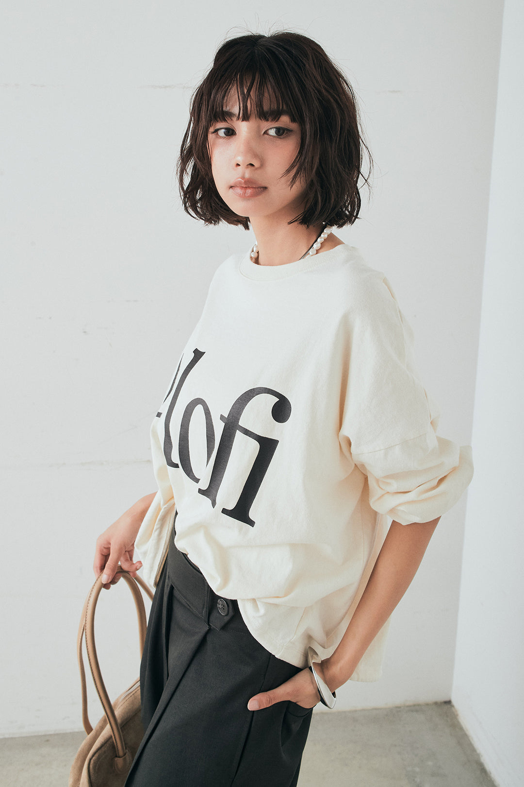 [SET]裾センタードロストロゴプリントワイドTシャツ+センタープレスセミワイドパンツ(2set)