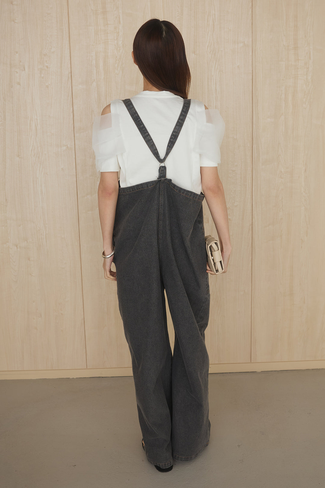 [SET]シアーレイヤーデザインカットソー+フロントボタンデニムサロペット(2set)