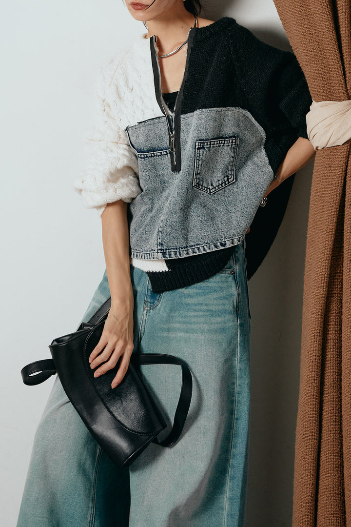 [SET]ハーフジップニットデニムドッキングトップス+ウエストダブルボタンワイドデニムパンツ(2set)