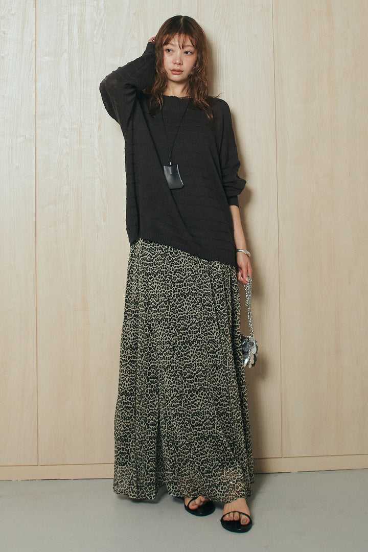 [SET]麻混リラックスニットトップス+リラックスレオパードロングスカート(2set)