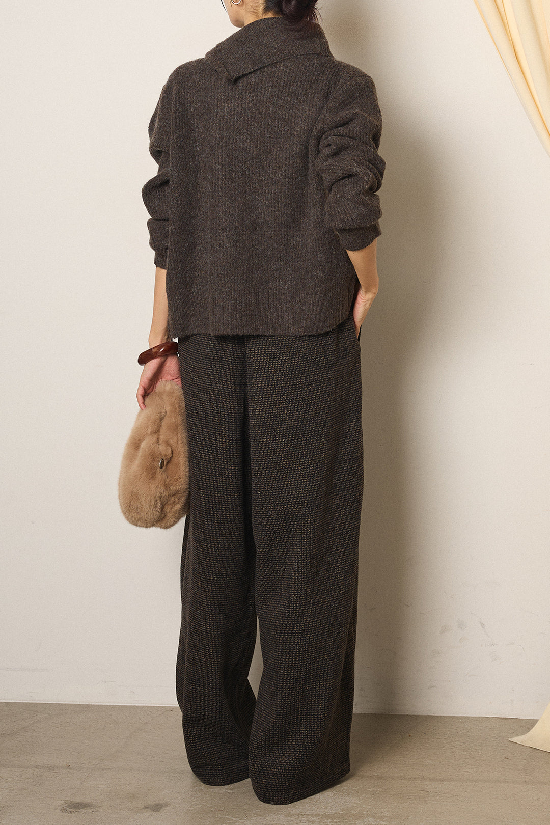 [SET]ボタンデザインネックニットプルオーバー+起毛タック入りツイードワイドパンツ(2set)