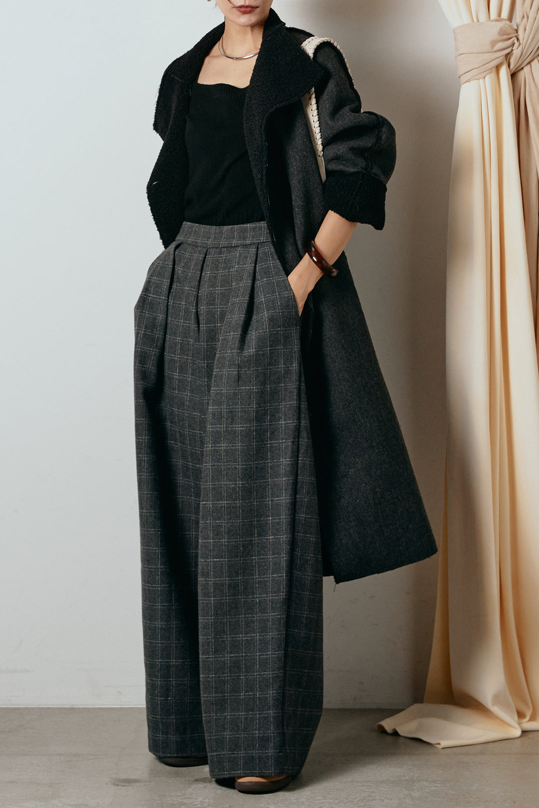 [SET]裏地ボアハイネックロングアウター+ウールライクチェックタックパンツ(2set)