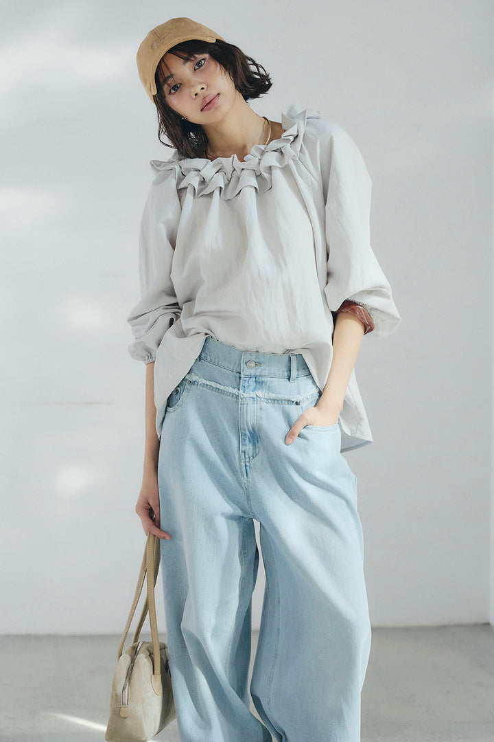 [SET]ネックフリルデザインブラウス+ウエスト裁ち切りデニムワイドパンツ(2set)