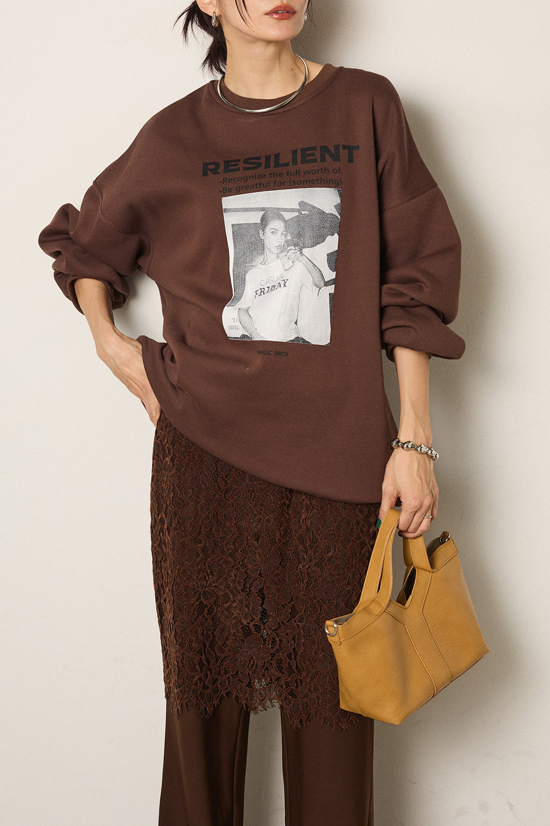 [SET]モノトーンプリントスウェット+レース刺繍レイヤードフレアパンツ(2set)