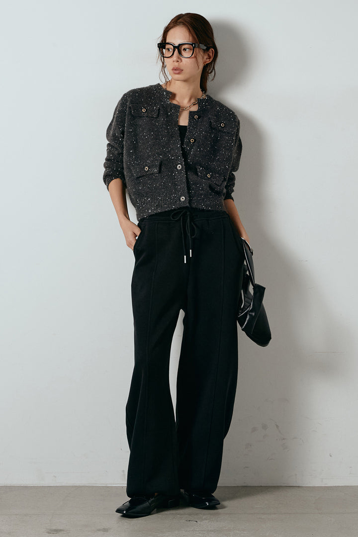 [SET]ネップニットカーディガン+スウェットワイドカーブパンツ(2set)