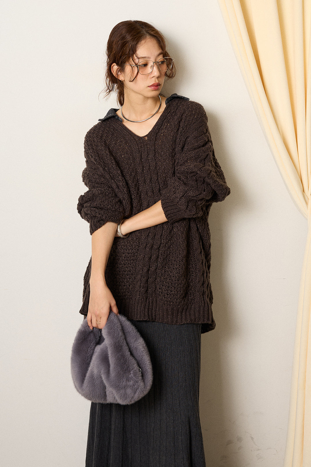 [SET]デニムカラーケーブルオーバーニット+編み地切り替えフレアニットスカート(2set)