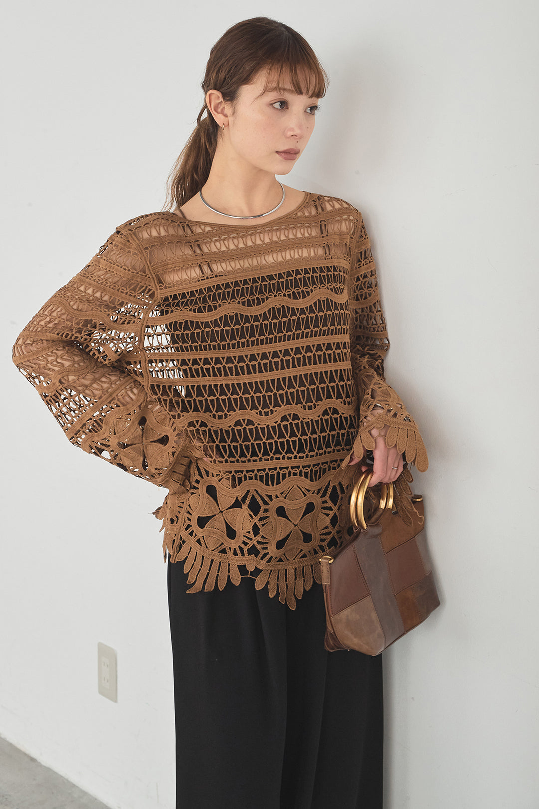 [SET]裾デザインメッシュプルオーバー+ベルト付きツータックワイドパンツ(2set)