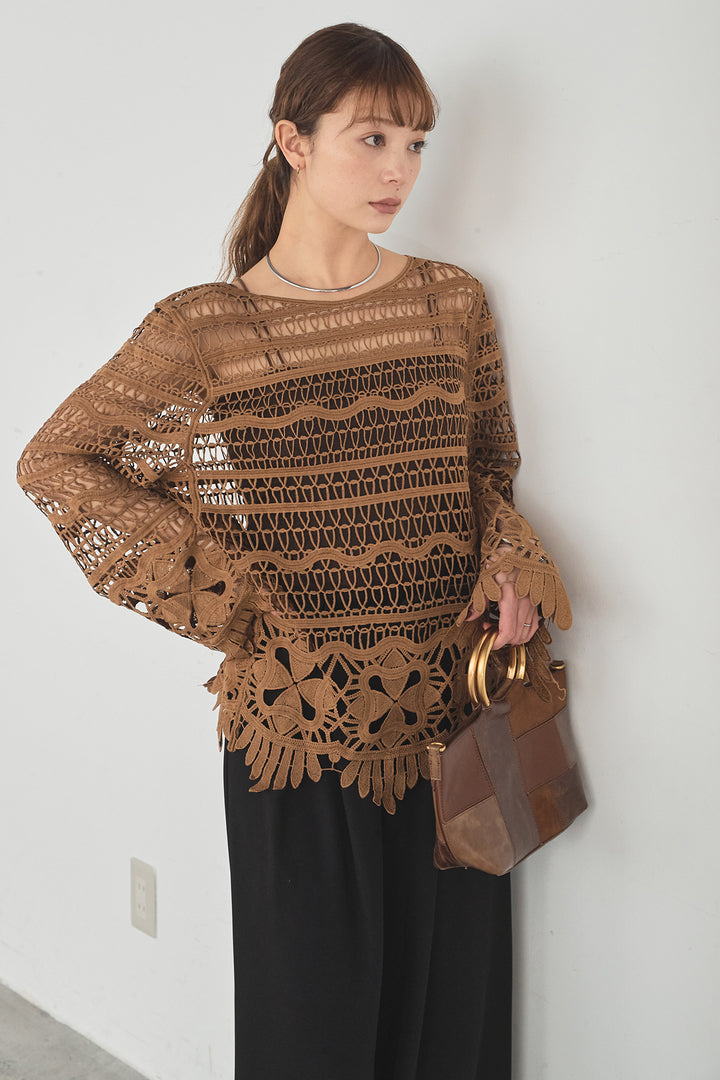 [SET]裾デザインメッシュプルオーバー+ベルト付きツータックワイドパンツ(2set)