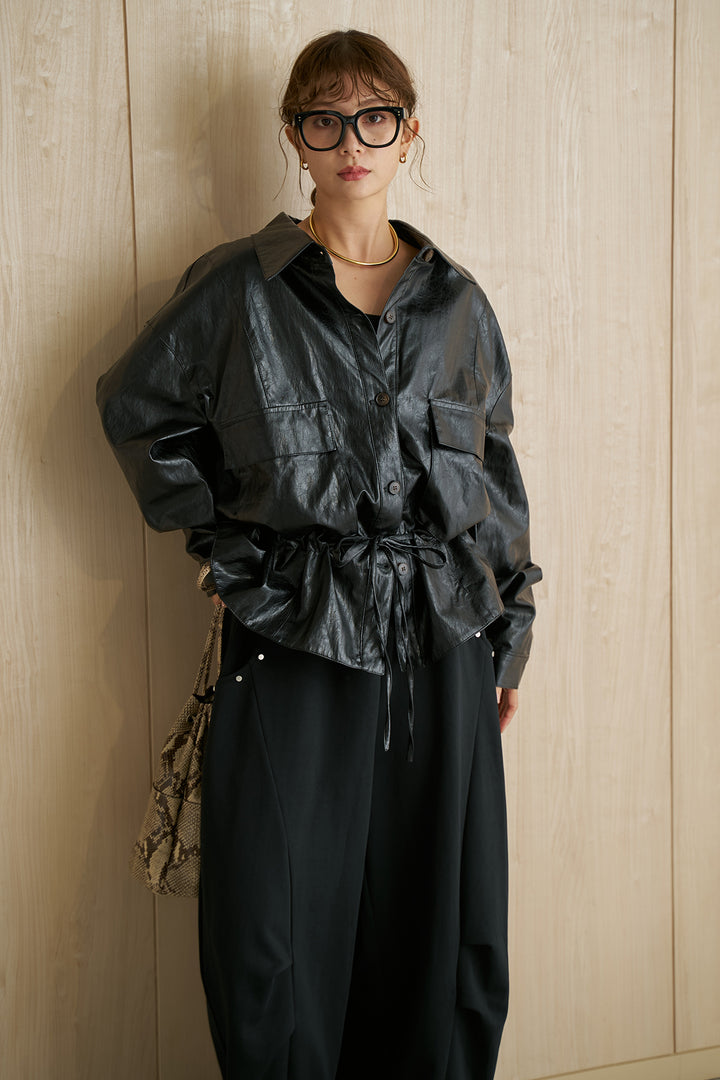 [SET]ワッシャー加工エコレザージャケット+スタッズ付きニーサイドタックスウェットパンツ(2set)