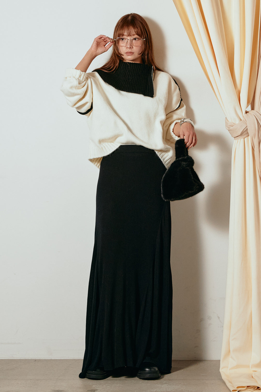 [SET]ハイネックジップデザインニットトップス+サイド切り替えリブニットロングスカート(2set)