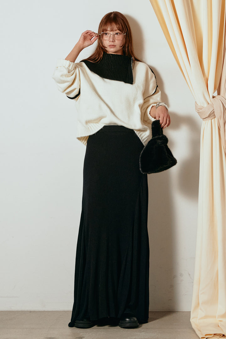 [SET]ハイネックジップデザインニットトップス+サイド切り替えリブニットロングスカート(2set)