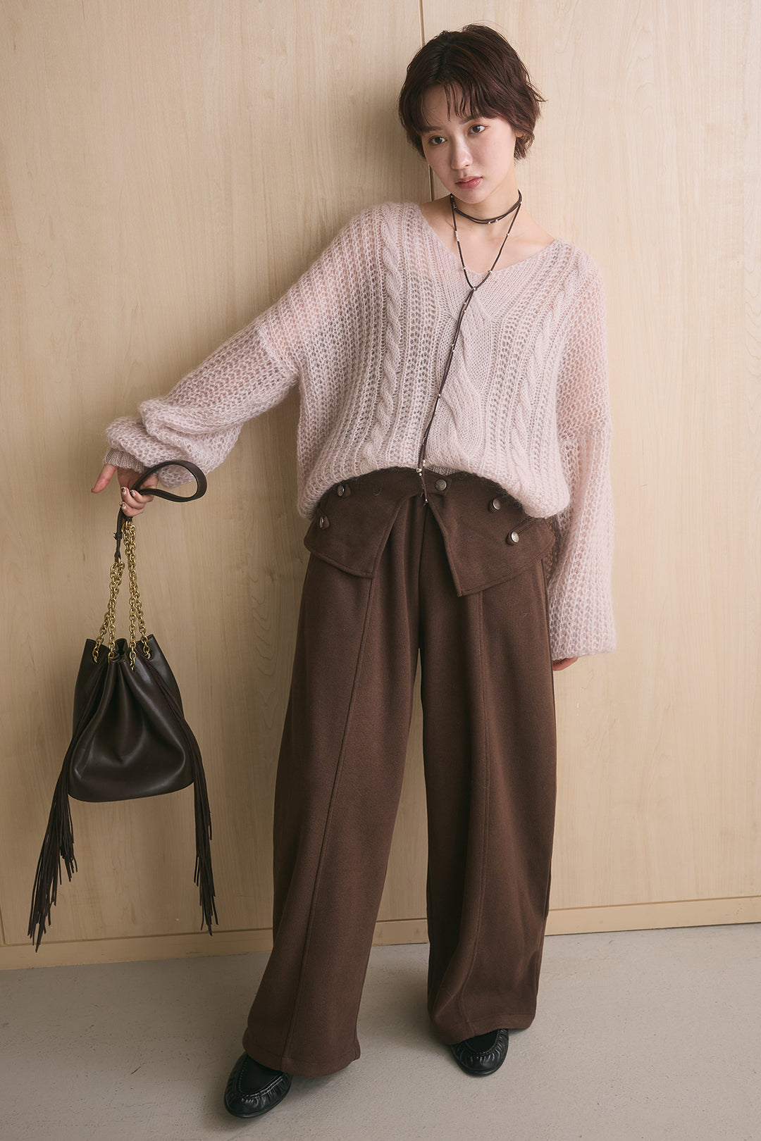 [SET]シアーモヘアケーブルVニックニット+ナポレオンデザインラップカーブパンツ(2set)