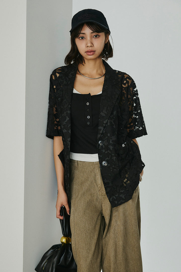 [SET]シアージャガードハーフスリーブテーラードジャケット+配色ヘンリーネックタンクトップ(2set)