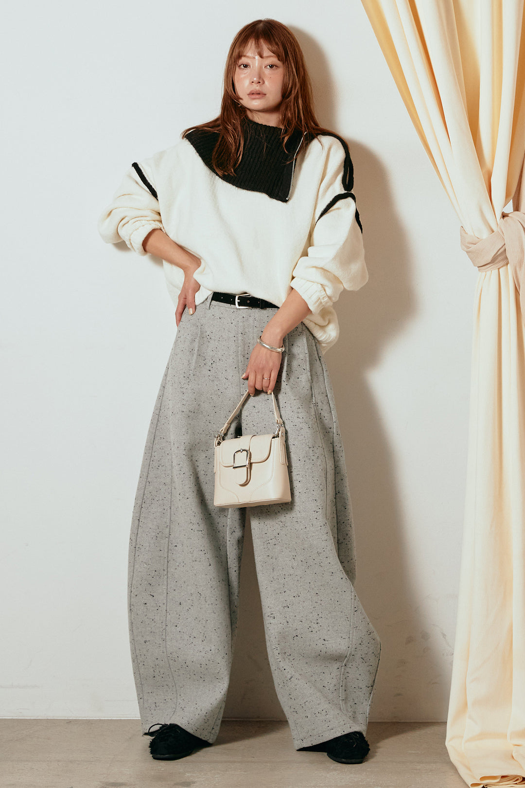 [SET]ハイネックジップデザインニットトップス+ベルト付きネップツイードカーブパンツ(2set)