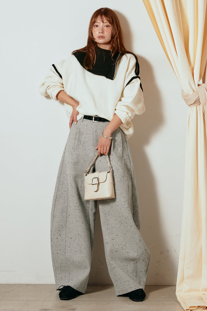 [SET]ハイネックジップデザインニットトップス+ベルト付きネップツイードカーブパンツ(2set)