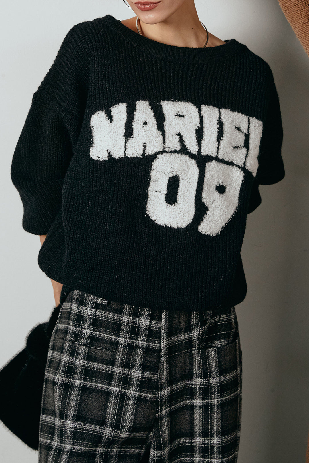 [SET]ロゴジャガードニットトップス+ルーズタータンチェックワイドパンツ(2set)