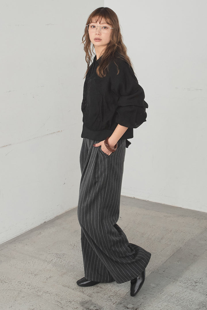 [SET]シアー×ポンチブルゾン+細ベルト付きピンストライプワイドパンツ(2set)
