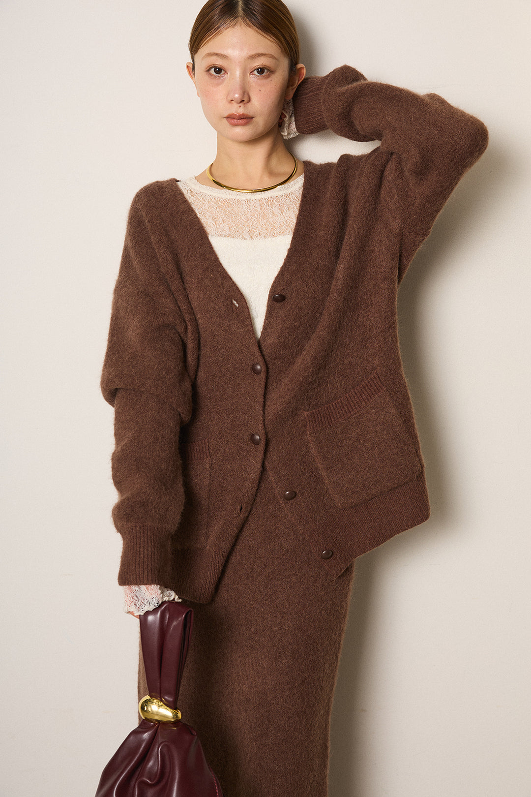 [SET]丸ボタン起毛ニットカーディガン+起毛ニットロングスカート(2set)