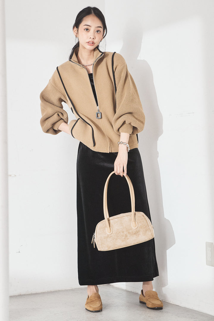 [SET]ハイネックパイピングデザインブルゾン+ベロアバレエネックワンピース(2set)