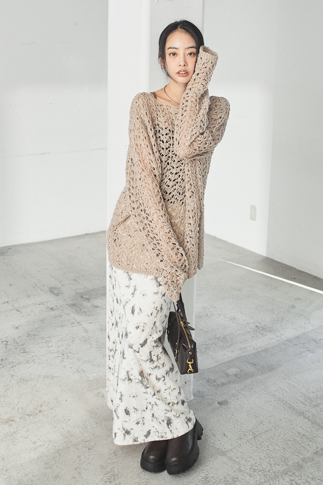 [SET]リラックスメッシュニットトップス+タイダイ柄ベロアワイドスカート(2set)