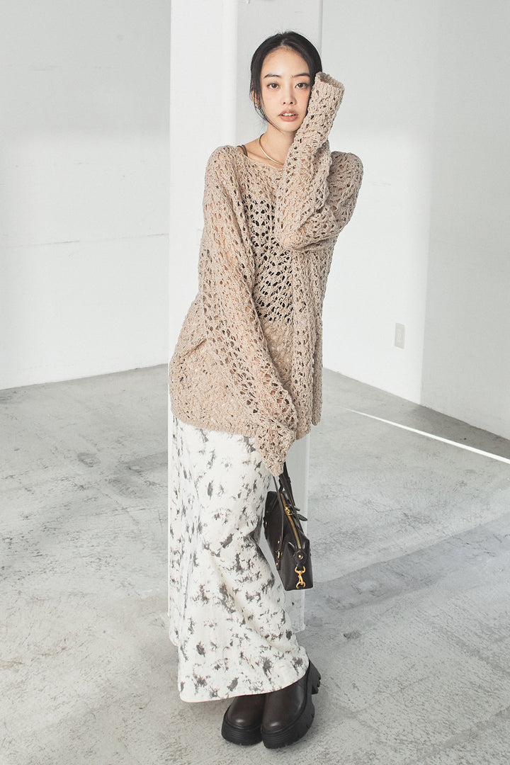 [SET]リラックスメッシュニットトップス+タイダイ柄ベロアワイドスカート(2set)