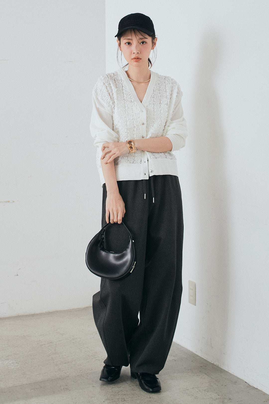 [SET]モコレースVネックカーディガン+カットダンボールウエストフリルカーブパンツ(2set)