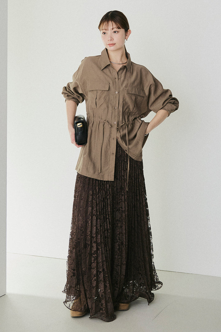 [SET]リネンブレンドシアーサファリシャツ+リラックスプリーツスカート(2set)