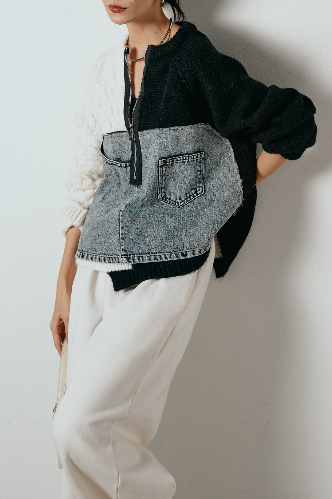 [SET]ハーフジップニットデニムドッキングトップス+裏起毛スウェットワイドパンツ(2set)