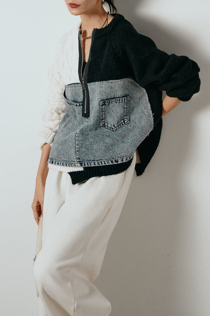 [SET]ハーフジップニットデニムドッキングトップス+裏起毛スウェットワイドパンツ(2set)