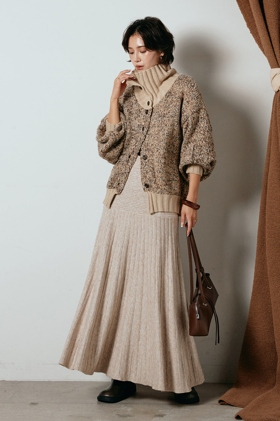 [SET]ハイネックミックスニットカーディガン+編み地切り替えフレアニットスカート(2set)