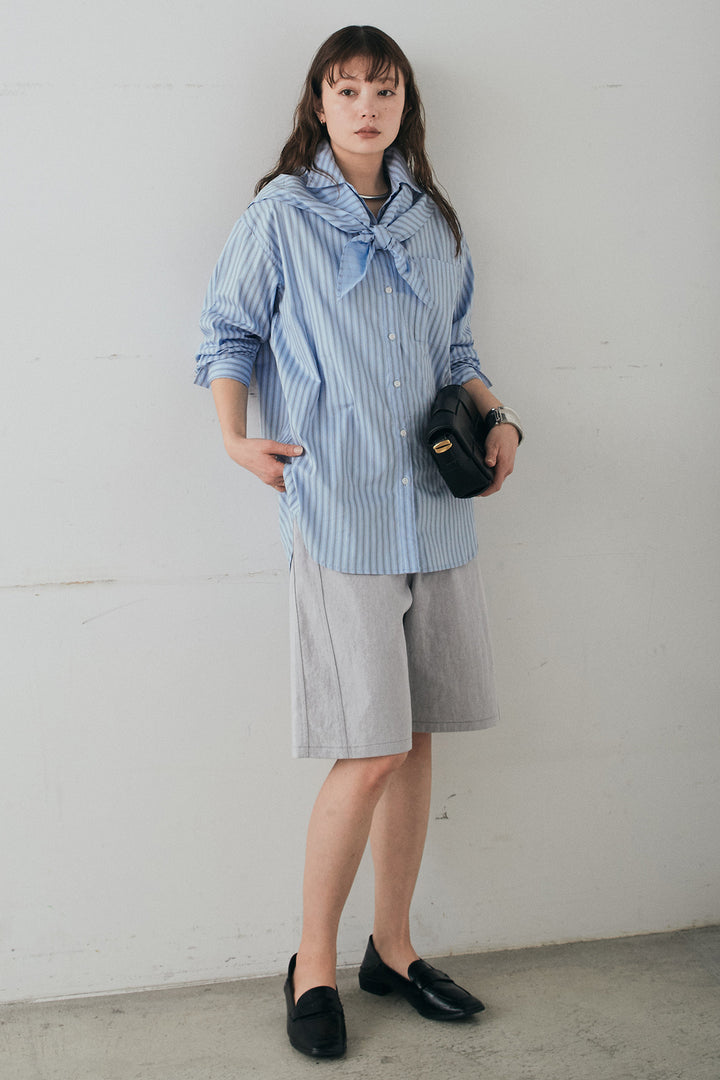 [SET]ランダムストライプスカーフ付きシャツ+デニムハーフパンツ(2set)