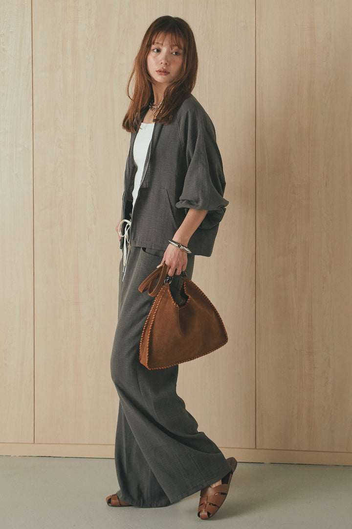 [SET]麻混ノーカラーブルゾン+麻混ウエストドロストパンツ(2set)