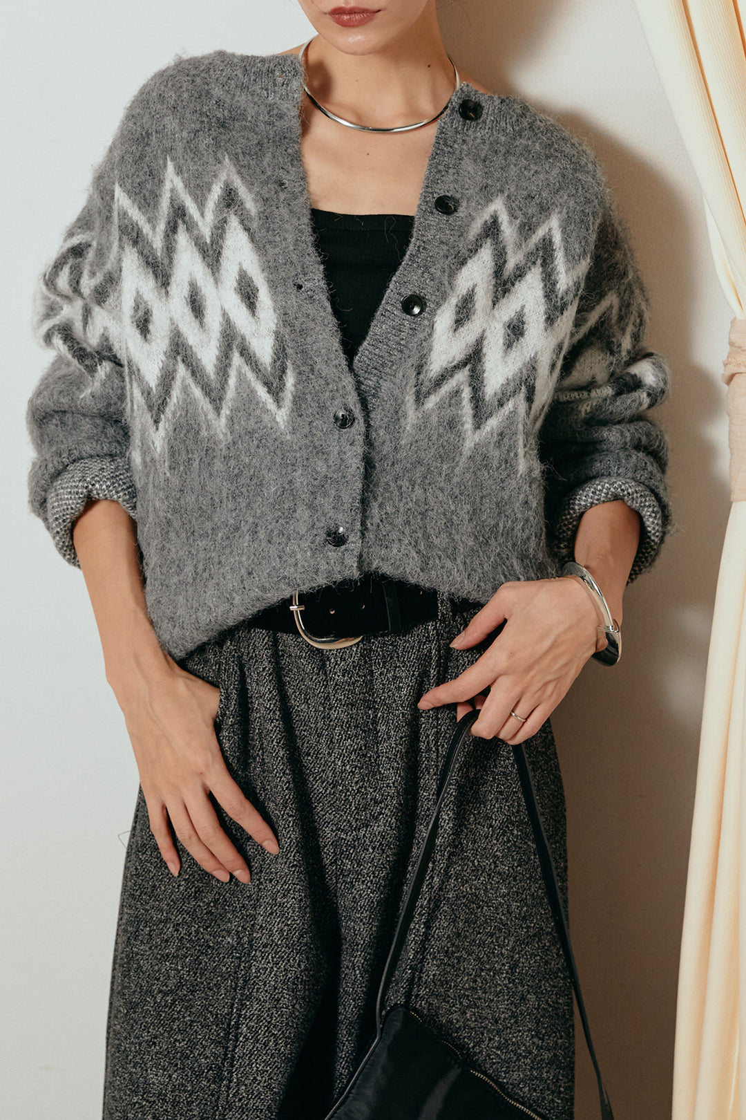 [SET]起毛ノルディック柄ニットカーディガン+太ベルト付きツイードワイドパンツ(2set)