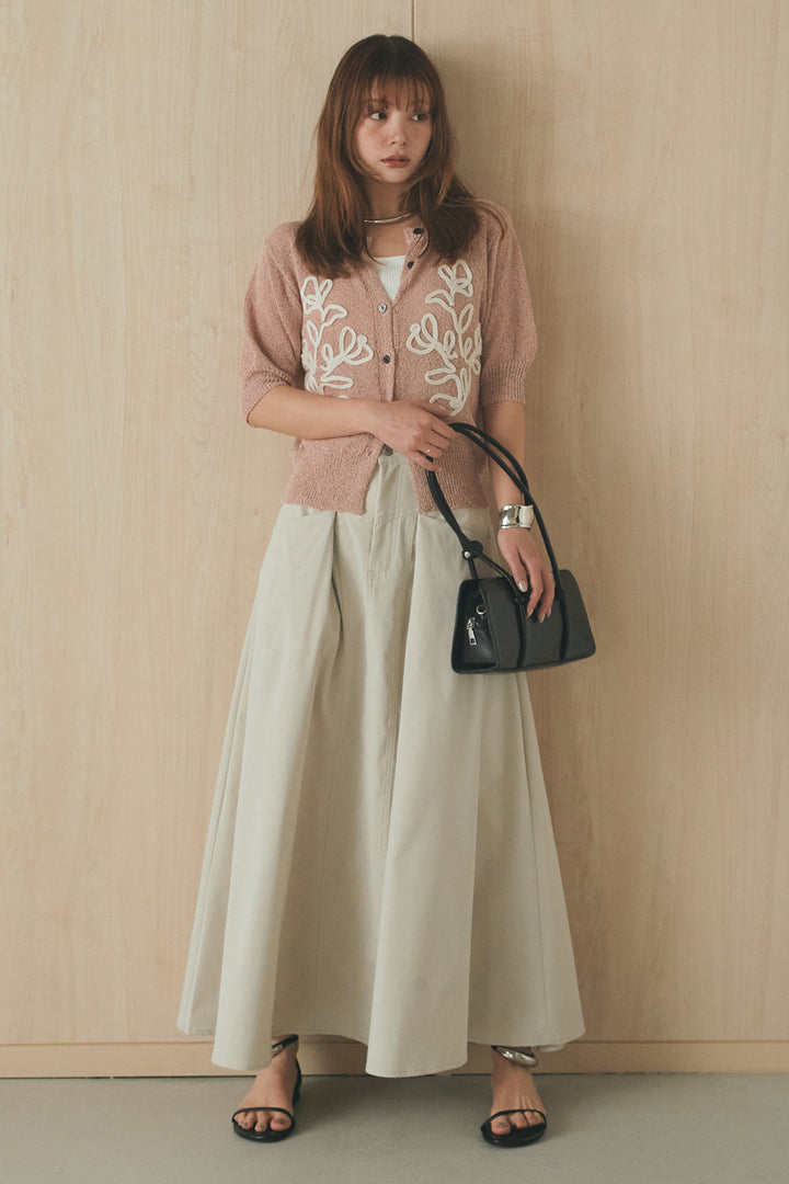 [SET]フロントテープデザイン半袖カーディガン+ミリタリーツイルタックフレアスカート(2set)