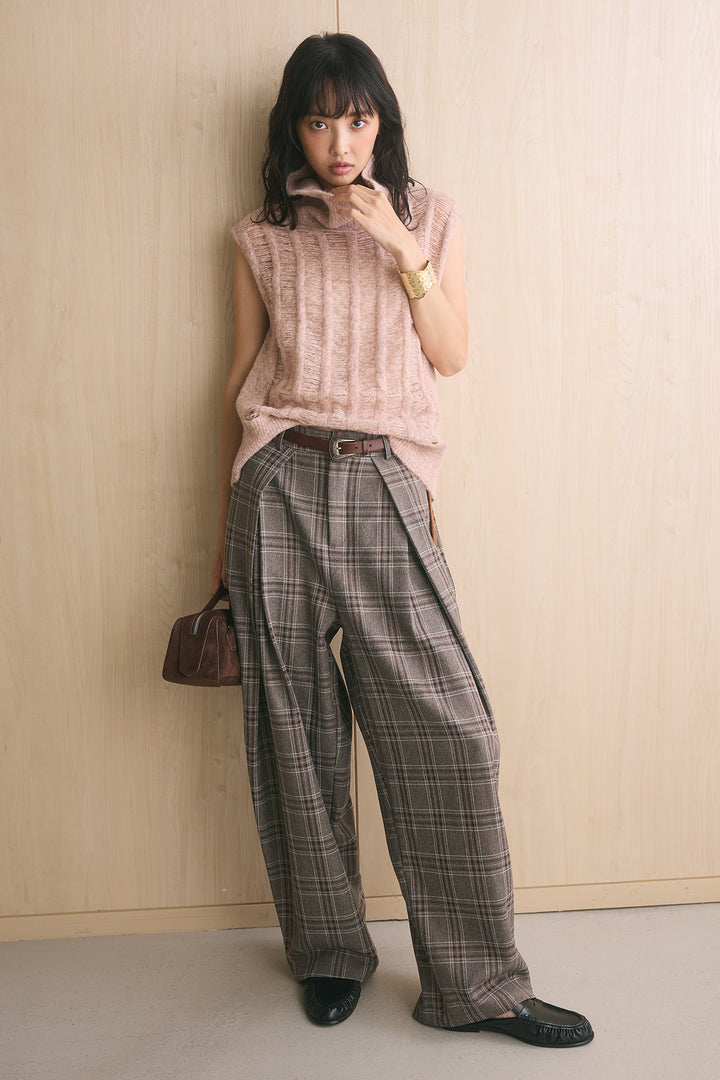 [SET]ハイルーズタートル透かし編みニットベスト+ブリティッシュチェックバレルパンツ(2set)