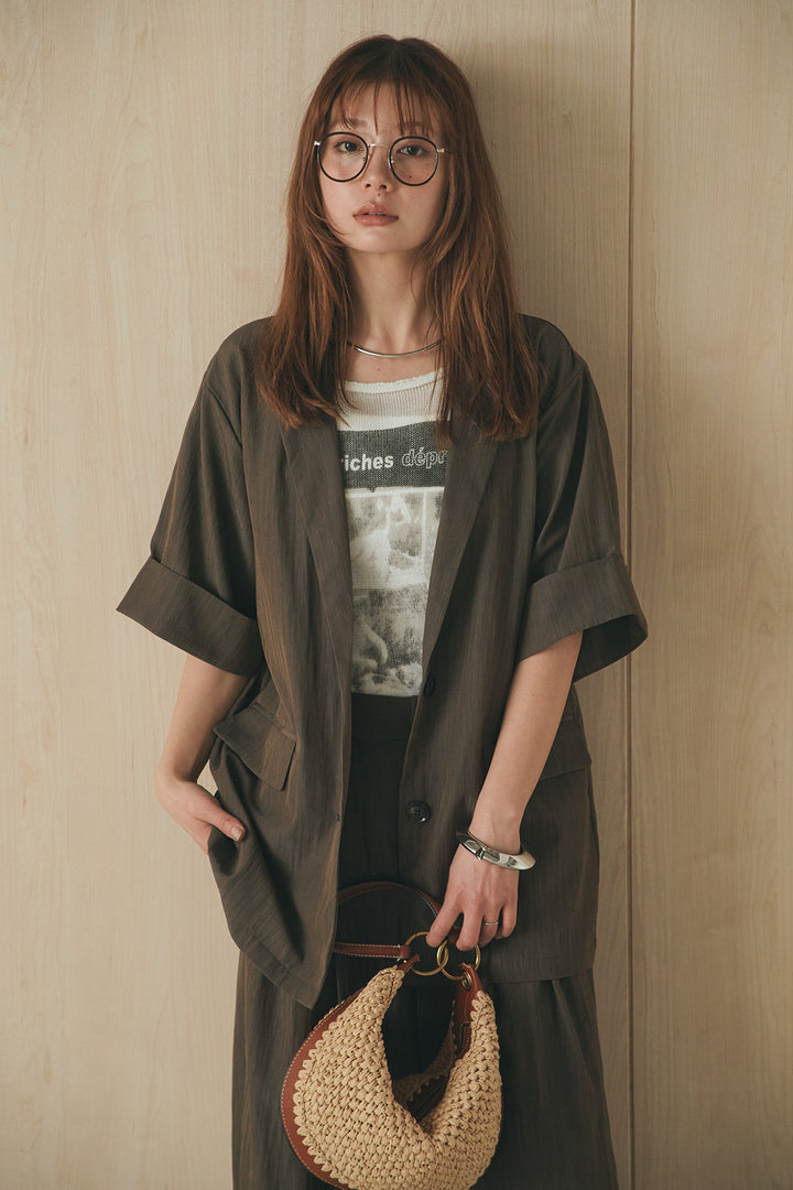 [SET]半袖モノトーングラフィックトップス+リネンライク2タックワイドパンツ(2set)