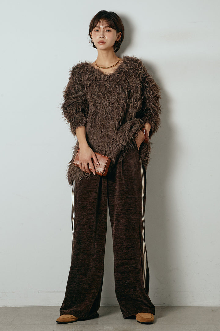[SET]深Vネックシャギーニットトップス+リラックスサイドラインベロアワイドパンツ(2set)