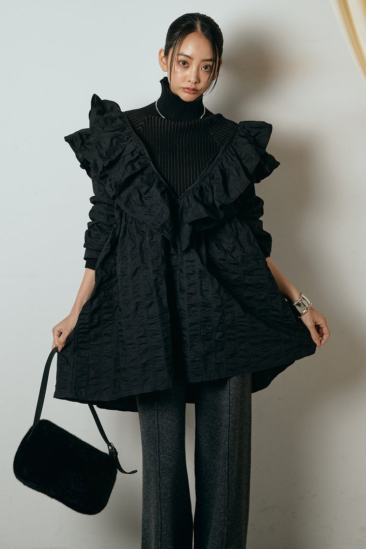 [SET]Vネックフリルカラーブラウス+リブニットシームレスタートルプルオーバー+センターラインニットパンツ(3set)