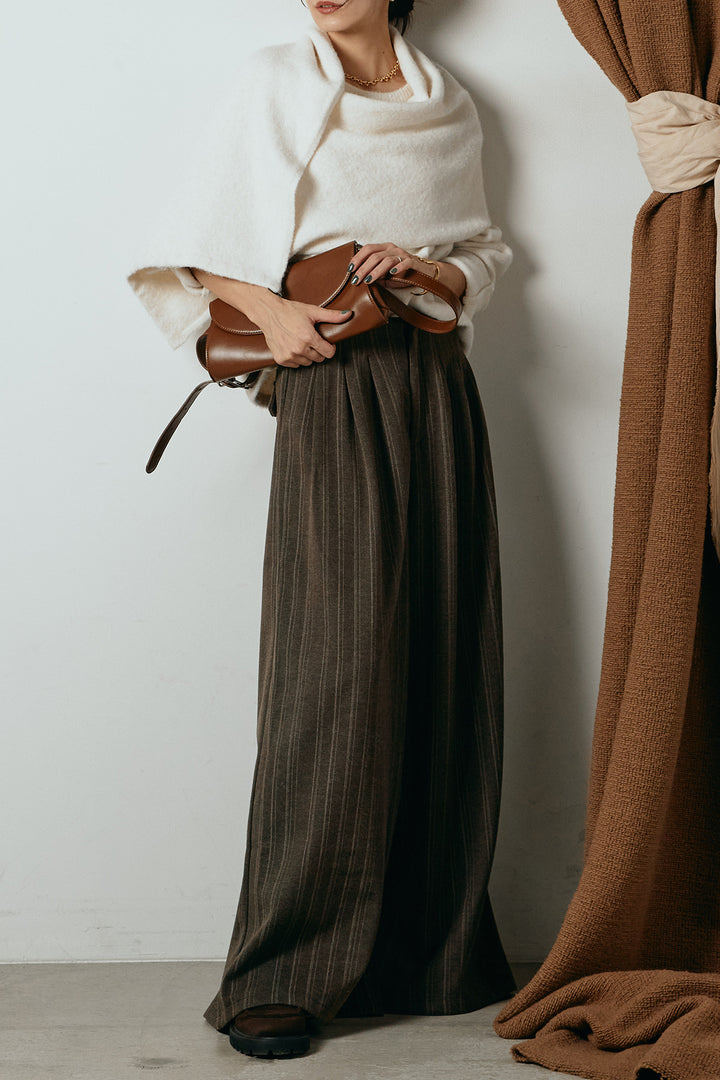 [SET]ネック巻きデザインニットトップス+タック入りマルチストライプ柄ワイドパンツ(2set)