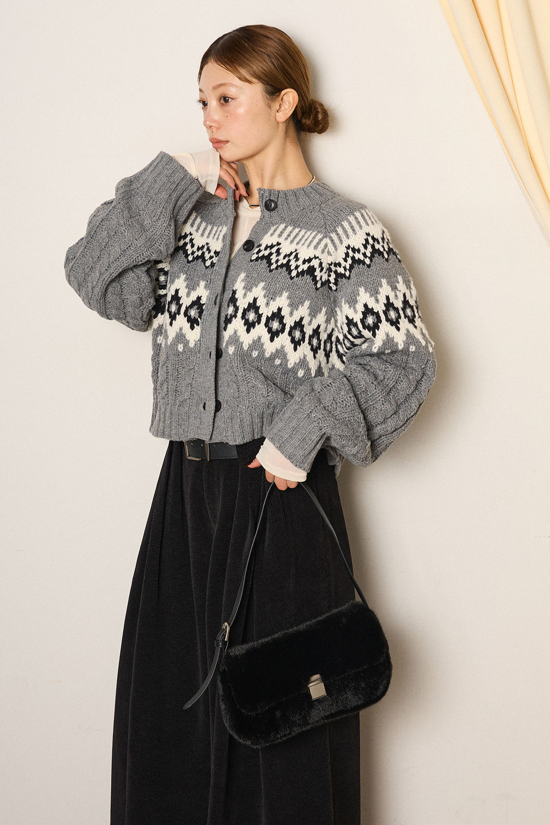 [SET]2WAY求心柄ジャガードショートカーディガン+2WAY袖コード刺繍クルーネックプルオーバー(2set)