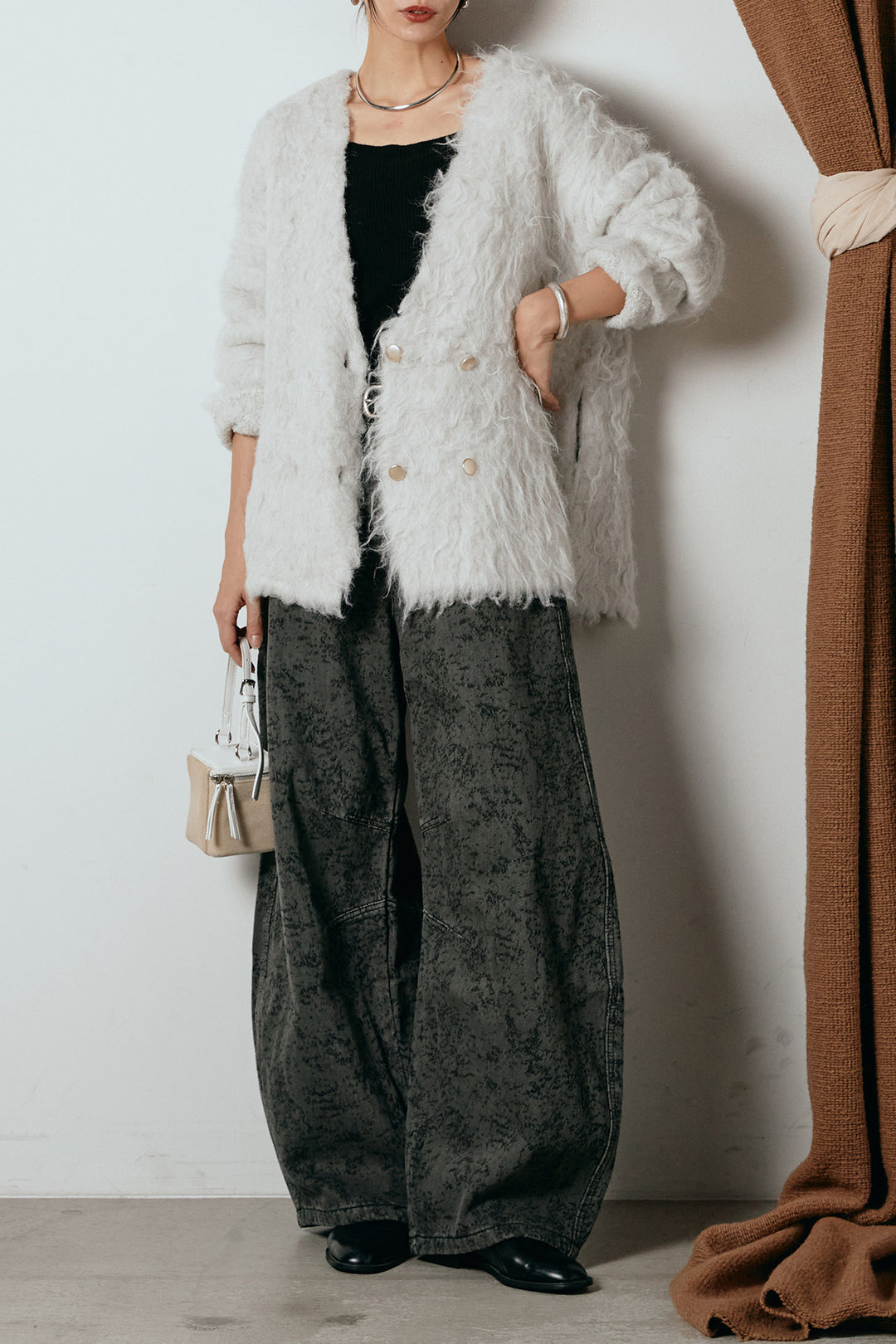 [SET]ウェーブシャギーニットジャケット+ベルト付きニュアンス柄カーブワイドパンツ(2set)