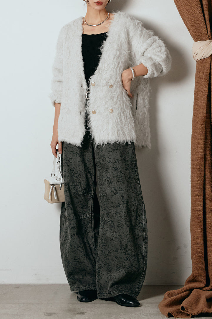 [SET]ウェーブシャギーニットジャケット+ベルト付きニュアンス柄カーブワイドパンツ(2set)