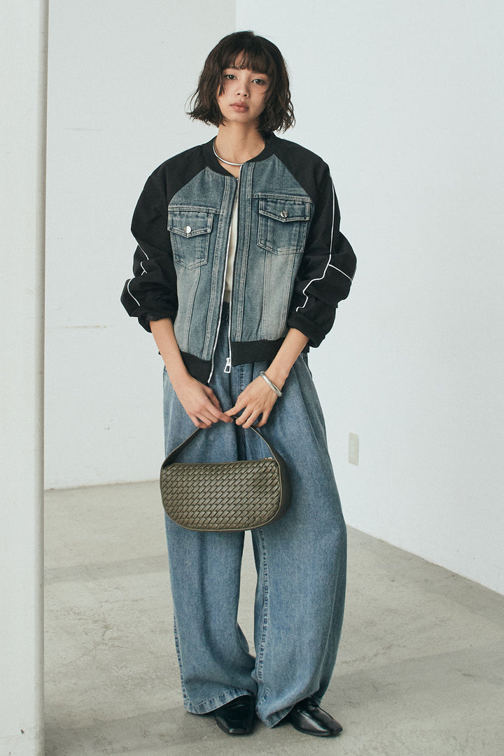 [SET]ナイロンデニムドッキングブルゾン+テンセルデニムイージーワイドパンツ(2set)