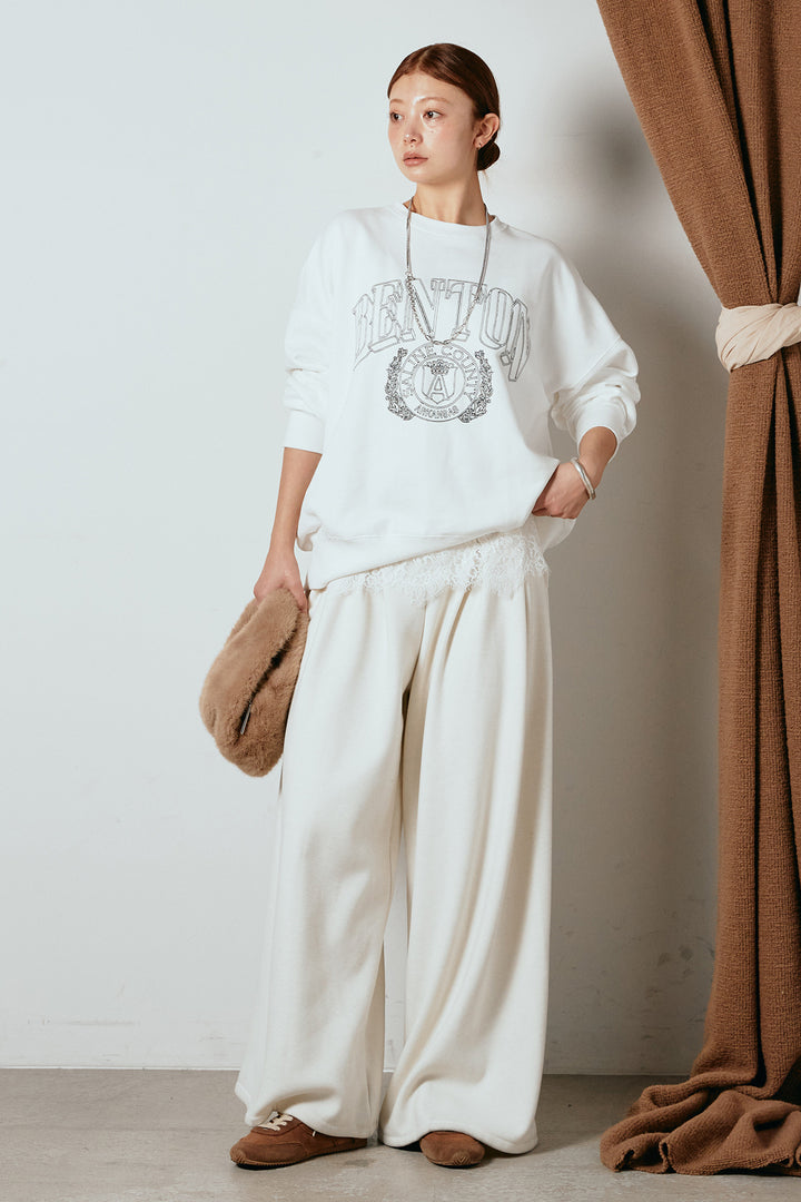 [SET]フロントロゴスウェットプルオーバー+カップ付きレースドッキングキャミソール+フェイクレザー太ベルト付きタックワイドパンツ(3set)