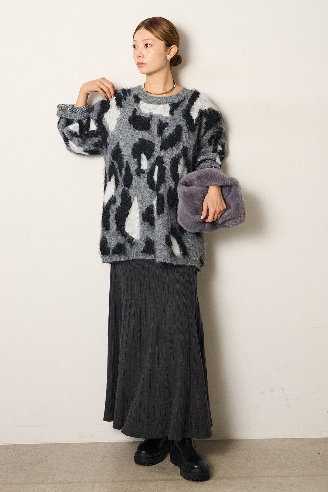 [SET]ルーズアニマルモヘアニットトップス+編み地切り替えフレアニットスカート(2set)